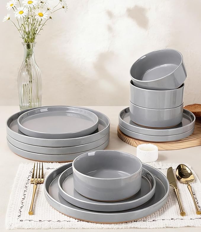 AmorArc Ceramic Dinnerware Set for 4 | Speckled Stoneware Plates and Bowls with unglazed terracotta | Scratch Resistant, Dishwasher & Microwave Safe Dishes Sets- 12-Pcs Gray