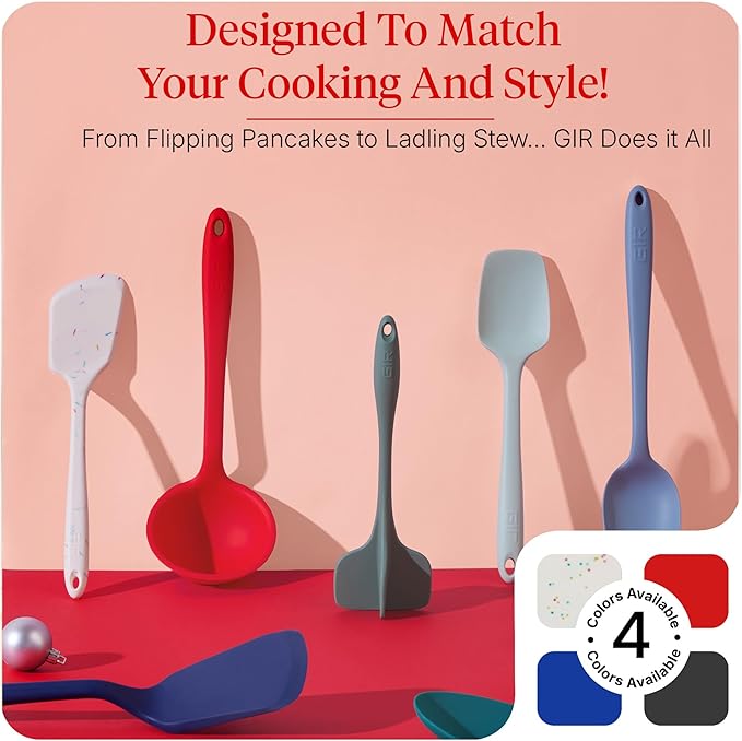GIR 5-Piece Silicone Kitchen Utensils Set, Non-Toxic Cooking Utensils for Cooking and Baking, Heat Resistant, Food Grade, Dishwasher Safe Rubber Spatula, Ladle, Spoon - Fire Red