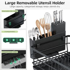 TOOLF Extendable Dish Drying Rack, Multifunction Dish Rack for Kitchen Counter, Large Expandable Dish Drainer,Dryer Rack with Drainboard & Utensil Holder, Black