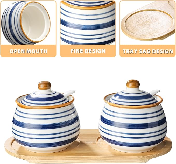 Sugar Bowl Set of 2,Ceramic Sugar Bowl with Lids and Spoon & Wooden Tray,Sugar Jars for Coffee Bars and Home Kitchens(2, Large)