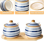 Sugar Bowl Set of 2,Ceramic Sugar Bowl with Lids and Spoon & Wooden Tray,Sugar Jars for Coffee Bars and Home Kitchens(2, Large)