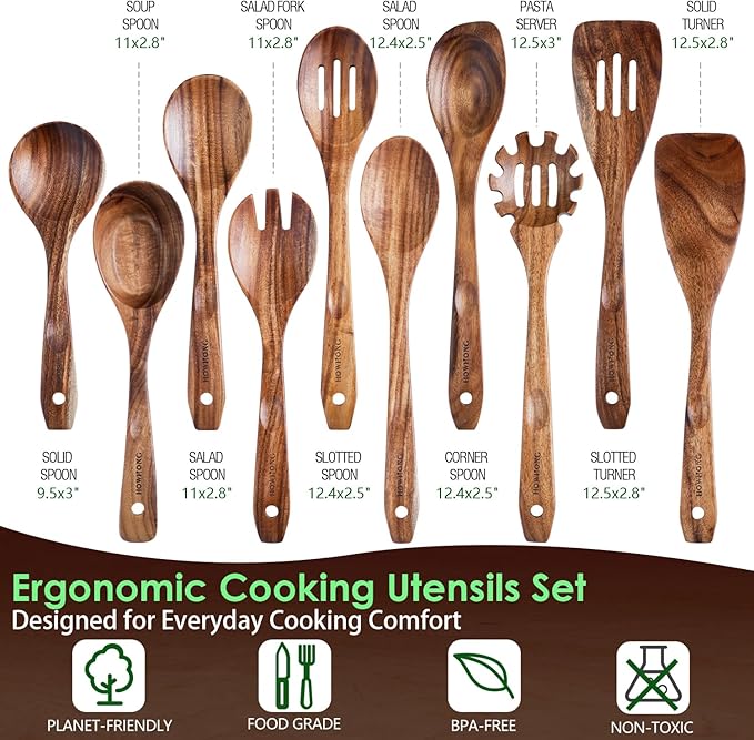 Wooden Cooking Utensils Set, Acacia Wood Wooden Spoons for Cooking with Thumb Rest, Ergonomic Curved Handle, Smooth Finish, Nonstick Safe, Gift Ready