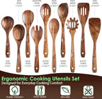 Wooden Cooking Utensils Set, Acacia Wood Wooden Spoons for Cooking with Thumb Rest, Ergonomic Curved Handle, Smooth Finish, Nonstick Safe, Gift Ready