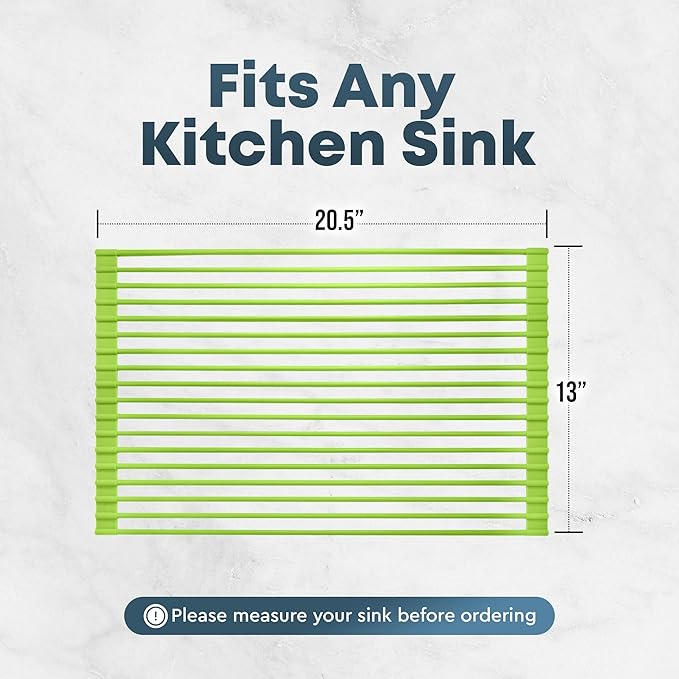 Zulay Kitchen Large Roll Up Dish Drying Rack - Heavy Duty Silicone Wrapped Steel Rods Over Sink Dish Drying Rack - Versatile Roll Up Sink Drying Rack & Trivet - Green,20.5 inches x 13 inches