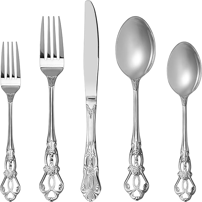 Runfly Gorgeous Retro Royal Stainless Steel 20 Pieces Flatware Set, Silverware Set, Anti-rust Stainless Steel Cutlery Set Utensils Including Fork Spoon and Knife