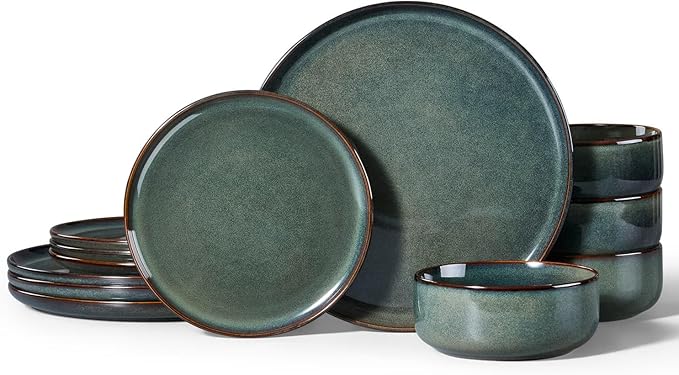 Herogo 12 Pieces Square Stoneware Dinnerware Set, Service for 4, Dinner Plates and Bowls Sets, Double Reactive Glaze Dishes Set for Kitchen, Scratch Resistant, Dishwasher Safe, Moss Green