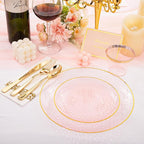 DaYammi 350 Pcs Clear Pink Plastic Plates, Hammered Disposable Dinnerware, Pink Plates Set Include 100 Plastic Platos, 150 Gold Disposable Silverware, 50 Cups And 50 Napkins for Mother's Day Party