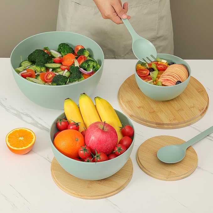ECOWAY Salad Bowls Set of 3 with Lid & Serving Utensils, Bamboo Fiber Mixing Bowls Set Large Serving Bowls & Storage Set with Bamboo Lid for Salad, Kitchen Eating, Pasta, Popcorn, Chips, Fruit, Cyan