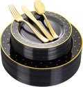 DaYammi 200Pcs Gold and Black Plastic Plates with Silverware,Black Disposable Plates for Party Black Gold Supplies Includes 40 Dinner Plate,40 Dessert Plate,40 Forks,40 Knives,40 Spoons for Party