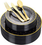 DaYammi 200Pcs Gold and Black Plastic Plates with Silverware,Black Disposable Plates for Party Black Gold Supplies Includes 40 Dinner Plate,40 Dessert Plate,40 Forks,40 Knives,40 Spoons for Party