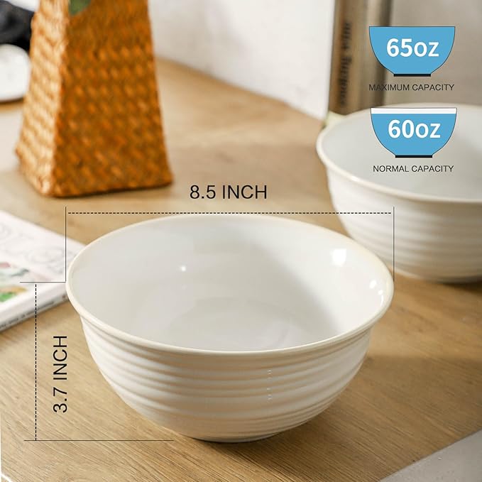 Serving Bowls Set of 2, 60 Ounce Ceramic Large Bowls, Deep Kitchen Bowls for Salad Soup Ramen Pasta Cereal Fruit, Microwave Oven Dishwasher Safe, Ideal for Home Dining & Gifting, Creamy White