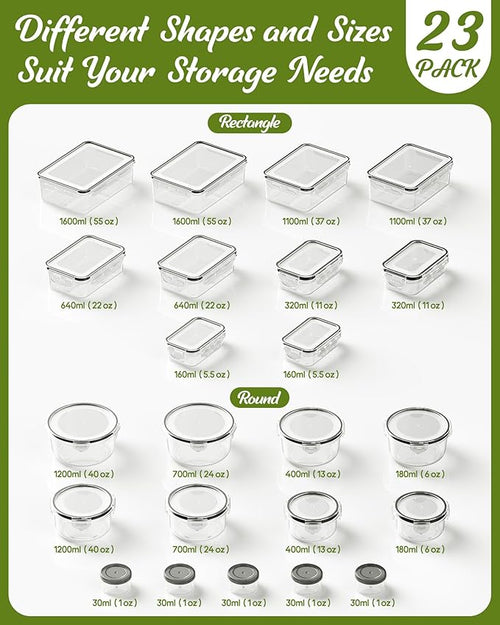 46 Piece Food Storage Containers with Lids(23 Containers & 23 Lids), BPA-Free Plastic Food Containers for Kitchen Storage and Organization, Leak Proof Meal Prep Container, Includes Labels & Pen