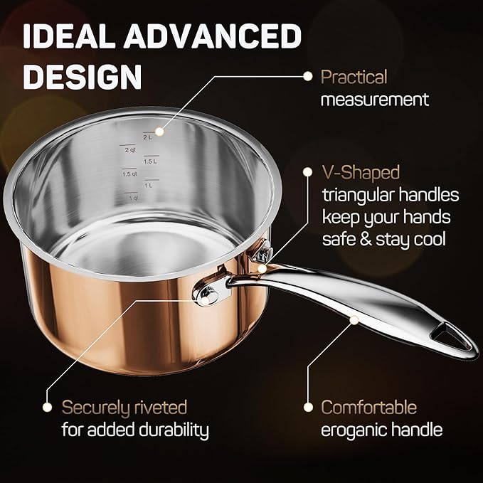 Whole Tri-ply 18/10 Stainless Steel Cookware Set, 10 Pcs Elegant Copper Pots and Pans Set, Induction Cookware, Frying Pans, Saucepans & Stock Pot with Lid, Ideal Gift for Wedding, Housewarming