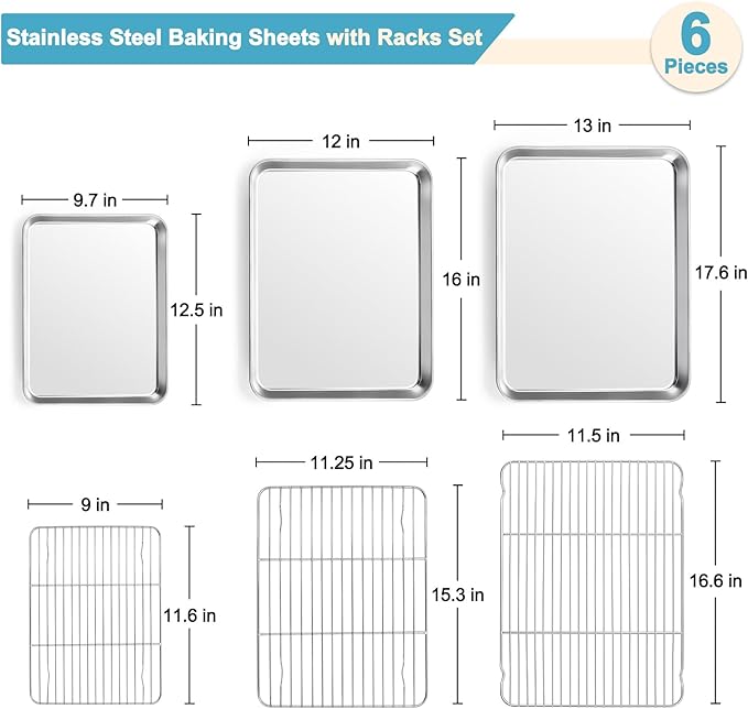 TeamFar Baking Sheet with Rack Set (3 Pans + 3 Racks), 17.6/16/12.5 Inch Stainless Steel Cookie Sheets Baking Pans Trays and Cooling Racks for Cooking Roasting, Non-Toxic & Heavy Duty, Dishwasher Safe