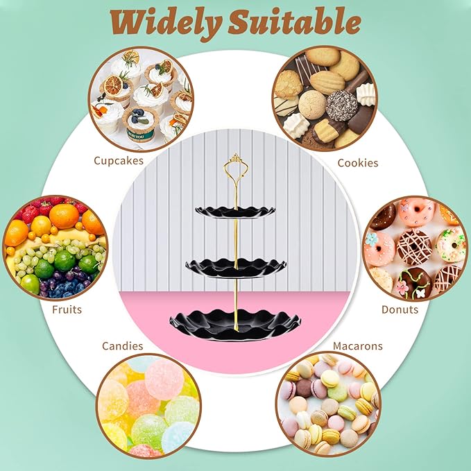 BACUTHY 3 Tier Cupcake Stand Holder, Plastic Cup Cake Stand Towel with Tiered Serving Tray for Cupcakes, Donuts, Fruits and More, White (Black)