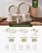 Famiware Star 12-Piece Stoneware Dinnerware Sets with Trim, Service for 4, Ceramic Plates and Bowls Set, Modern Rustic Dishes, Everyday/Formal, Chip/Scratch Resistant, Microwave/Dishwasher Safe, White