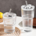 Ribbed Drinking Glasses with Lids & Straws, Leak-Proof 20oz and 15oz Glass Cups, 2PCS Glass Tumblers, Ideal for Home, Office, Outdoor Use