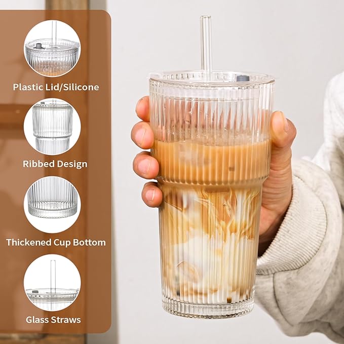 20oz Ribbed Glass Cups with Lids and Straws,2PCS Glass Tumbler with Straw and Lid,Iced Coffee Cups Drinking Glasses for Juice Whiskey Cocktail Beer