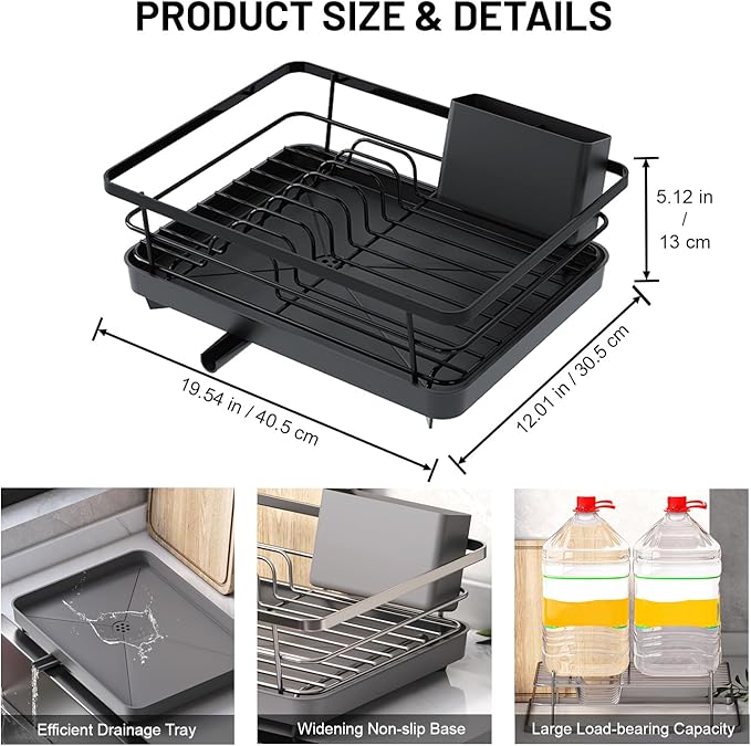 Dish Drying Rack, Dish Racks for Kitchen Counter, Large Capacity Dish Drainers with Cutlery Holder, Kitchen Organizer for Dishes, Spoons and Forks, Black