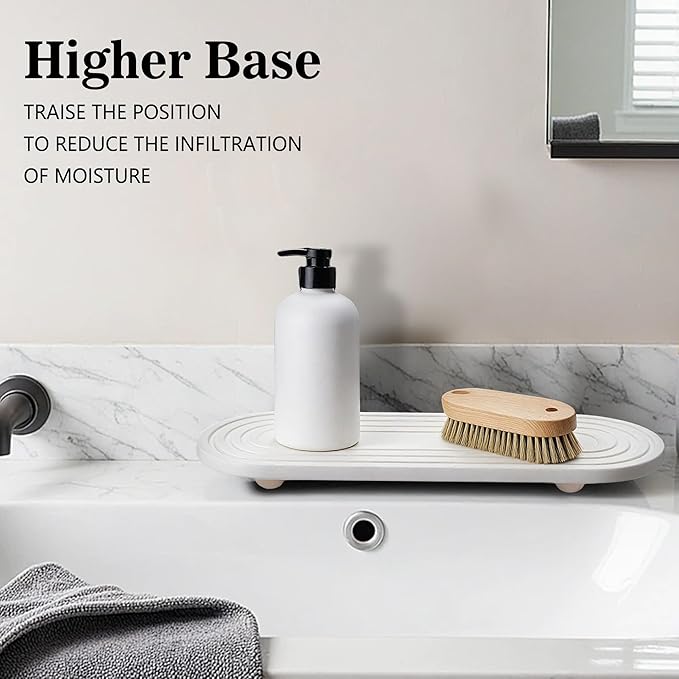Instant Dry Sink Caddy Organizer, Fast Drying Sink Caddy, Water Absorbing Stone Sponge Holder for Kitchen and Bathroom Countertop with Natural Loofah and Wooden Feet
