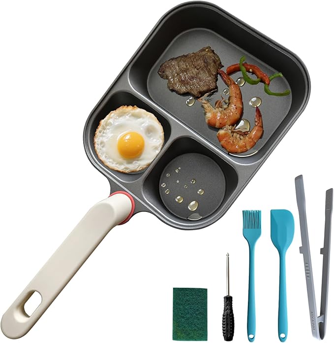 Titanium Nonstick Egg Pan 9.25" - 2 Round & 1 Square Compartments, PFOA/PTFE Free, Works on Gas/Induction/Electric Stovetops, Cooks Bacon, Pancakes & Eggs Simultaneously