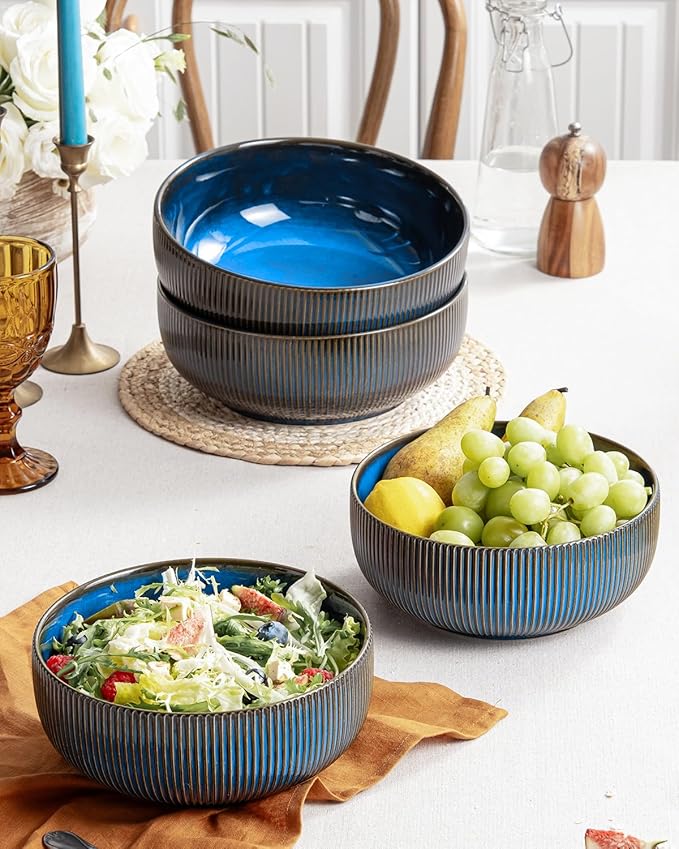 getstar Large Serving Bowls (9.5 inch & 92 fl oz), Ceramic Salad Bowl Set of 2, Microwave and Dishwasher Safe (Embossed Stripes, Vintage Blue)