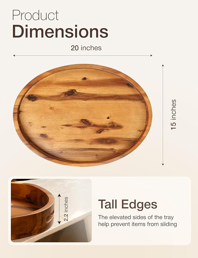 TIDITA Acacia Wood Ottoman Tray with Handles - 20" x 15" Round - Large Oval Serving Trays for Living Room -Wooden Trays for Decorative for Kitchen Counter, Coffee Table, Breakfast in Bed (Acacia)