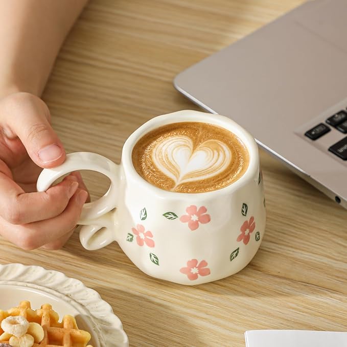 Ceramic Cute Coffee Mug For Women, Pretty Coffee Mug,Espresso Mug,9 Oz (270ml) Floral Mug (Flower)