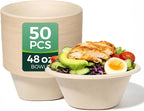 Heavy Duty 48 OZ [50 Pack] Disposable Bowls - 100% Sugarcane Fiber, Microwave Safe - Large Compostable Paper Bowls for Soup, Salad, Ramen, Popcorn
