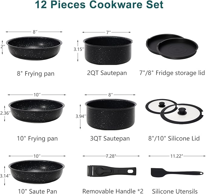 NEWBULIG 12-Piece Pots and Pans Set, Nonstick Cookware Set with Detachable Handle, Non toxic Induction Kitchen Cooking Set with Frying Pans Set, Dishwasher ＆ Oven Safe, RV Friendly, Black