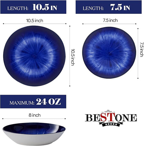 Bestone 12 Piece Round Kitchen Dinnerware Sets,Plates and Bowls sets,Dishes, Plates, Bowls, Dish Set，Plates and Bowls,Service for 4, Chip Resistant Porcelain ，Starburst Turquoise Dark Blue