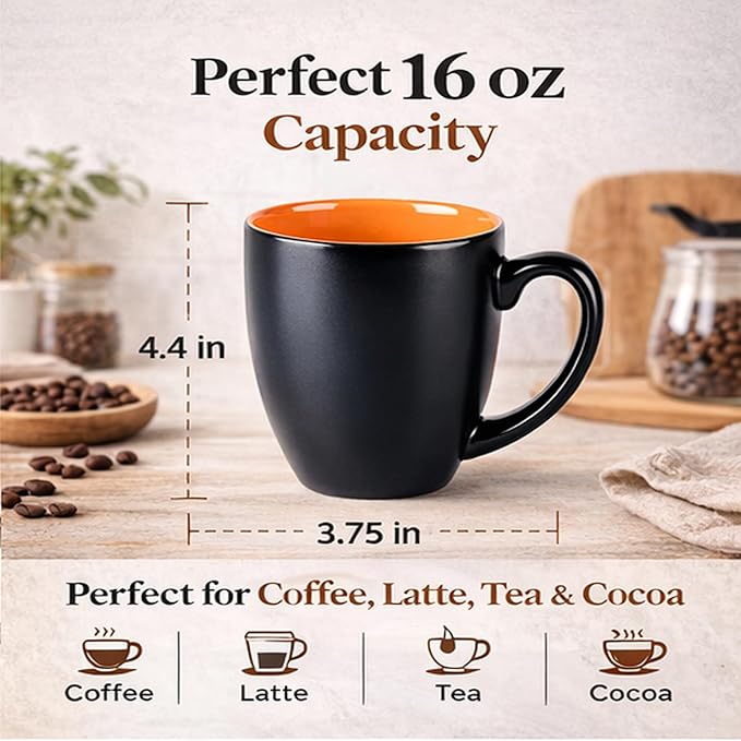 GBhome 16oz Coffee Mugs Set of 6, Large Ceramic Coffee Mugs for Man, Woman, Dad, Mom, Modern Coffee Mugs Set with handle for Tea/Latte/Cappuccino/Milk/Cocoa. Dishwasher&Microwave Safe,Orange