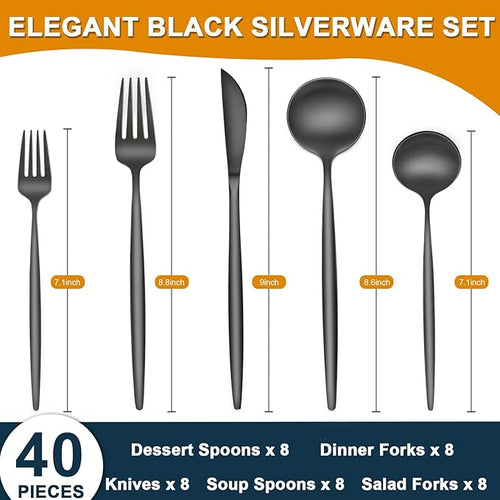 40 Pieces Black Silverware Set, Stainless Steel Flatware Set Service for 8, Tableware Cutlery Set, Utensils for Home, Restaurant, hotel, Include Knife Fork Spoon Set,Dishwasher Safe