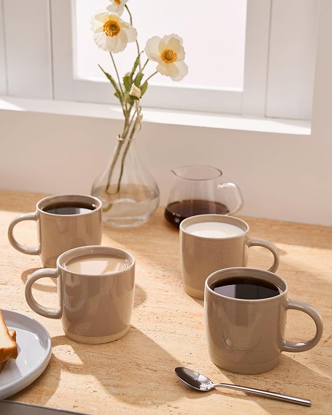 famiware Coffee Mugs for 4, 12 oz Mug Set, Dringking Cup with Handle for Coffee, Tea, Cocoa, Milk, Milkyway serise, White+Cinnamon Brown
