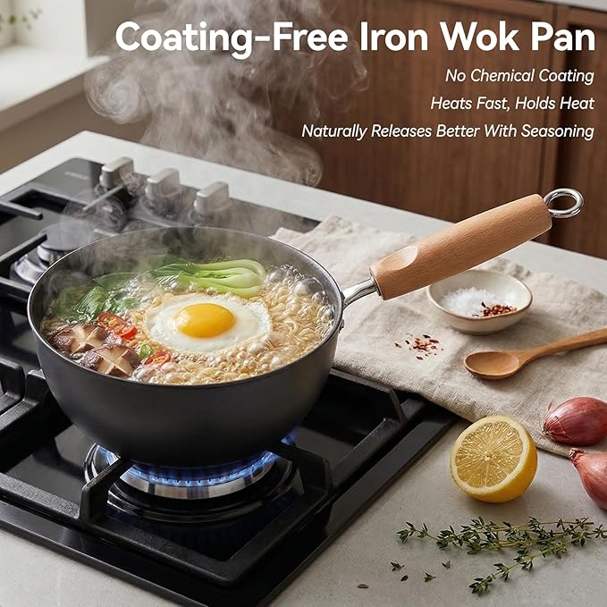 Small Wok Pan with Lid - 7-Inch (1.5QT) Mini Carbon Steel Wok, Flat Bottom Stir Fry Pan, Uncoated & Induction Ready, Ideal for Ramen, Soup, Eggs (1-2 Servings)