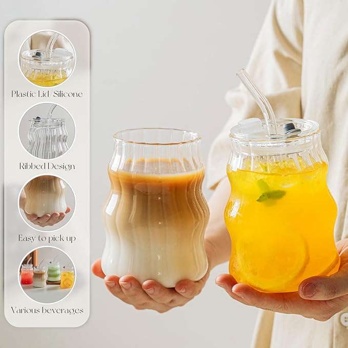 KEMORELA 4PCS Ribbed Glass Cups with Lids & Straws – 18oz Vintage Wavy Coffee Cups, Bubble Glass Aesthetic for Iced Coffee, Clear Ribbed Glasses with Straws, Ideal Drinkware Set