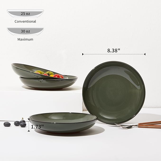 Pokini Pasta Bowls Set of 4, Reactive Glaze Salad Bowl 30 oz, Microwave & Dishwasher Safe, Large Wide Serving Bowls for Fruit/Soup/Noodle/Dessert, Blackish Green