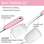 18/0 Stainless Steel Cooking Utensils Set, Heavy Duty Pink Handle for Kitchen Daily Use Party Wedding Housewarming, Dishwasher Safe, 9 Pieces