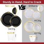 Nervure 350PCS Black Plastic Plates - Black Plastic Dinnerware Sets for 50 Guests - 100 Disposable Plates, 150 Gold Silverware, 50 Cups, 50 Napkins for Wedding & Party & Graduation & Retirement
