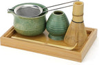Matcha Whisk Set with Bamboo Tray - Bowl with Spout, Whisk and Holder, Bamboo Scoop, Sifter, Japanese Matcha Kit Tea Ceremony Gift for Women