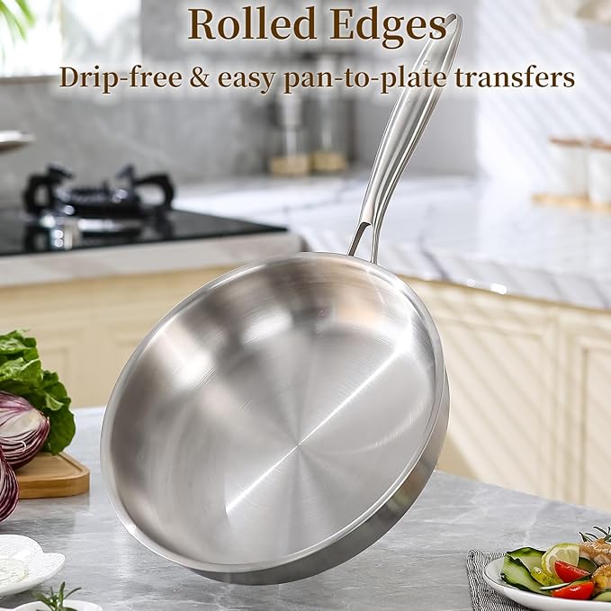 DELARLO Tri-Ply Stainless Steel Pan, 18/10 Frying Pan, Oven Safe Up to 600°F, Nontoxic Cookware, Compatible with All Cooktops Skillet, Durable, Fast Even Heat Fry Pan,9" Pan with Lid