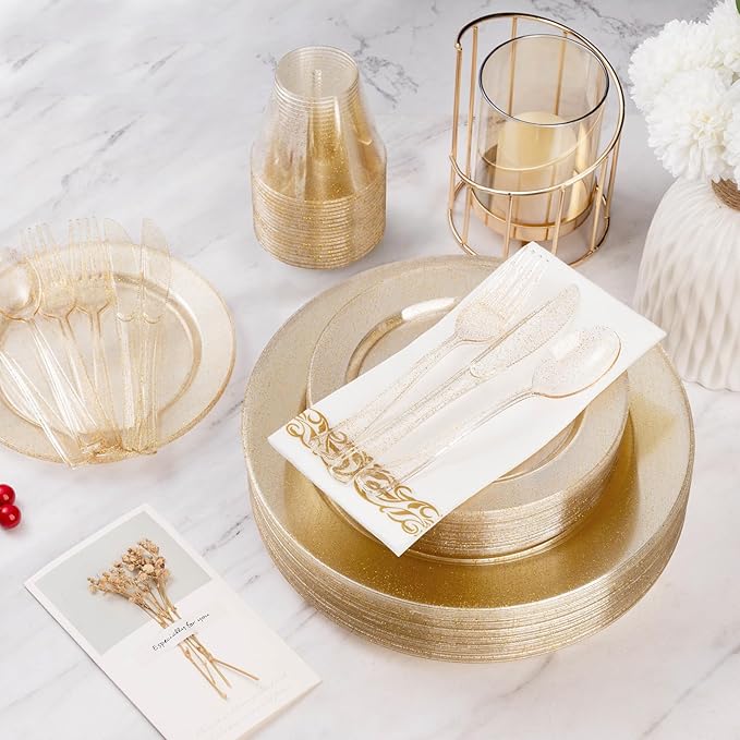 Goodluck 350 Pieces Dinnerware Set for 50 Guests, Plastic Plates Disposable for Party, Include: 100 Gold Glitter Plastic Plates, 50 Paper Napkins, 50 Cups, 50 Gold Glitter Plastic Silverware Set