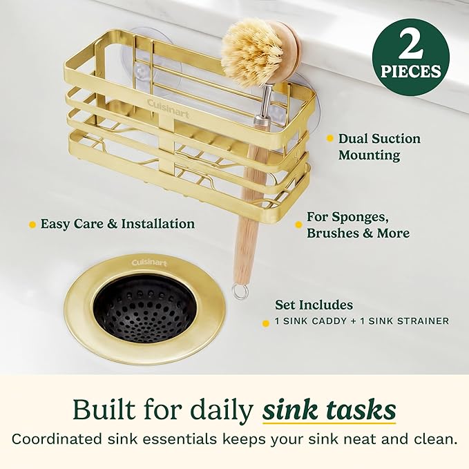 Cuisinart 2 Piece Sink Set – Sink Drain Strainer with Stainless Steel Rim & Silicone Mesh Base & Sponge Holder for Kitchen Sink, Metal Caddy with Triple Suction Cups, Daily Kitchen Essentials