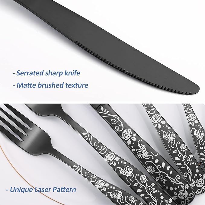 Matte Black Rose Flower Pattern Silverware Set for 8,OIULO 40-Piece Flatware set,18/0 Stain Finish Stainless Steel Decorative,Vintage Cutlery 8,Design Handle,Daily Party Event Serving Dishwasher Safe