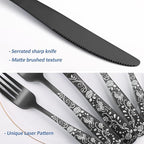 Matte Black Rose Flower Pattern Silverware Set for 8,OIULO 40-Piece Flatware set,18/0 Stain Finish Stainless Steel Decorative,Vintage Cutlery 8,Design Handle,Daily Party Event Serving Dishwasher Safe