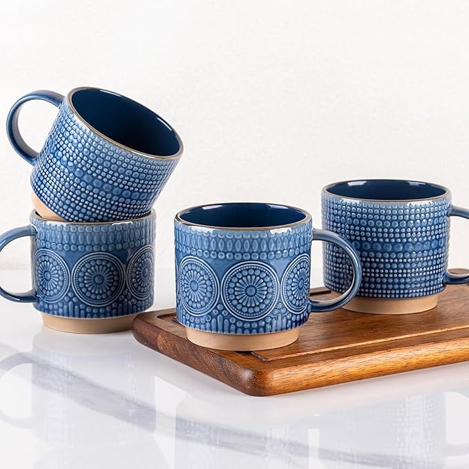 GBhome 16OZ Stackable Coffee Mugs, Ceramic Coffee Mugs with Texture Patterns for Man,Woman,Dad,Mom, Modern Coffee Mugs Set of 4 for Latte/Cappuccino/Cocoa. Dishwasher&Microwave Safe
