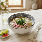 QINLANG Large Soup Bowls, Pho & Ramen Set of 3, 60 oz Blue & White Porcelain - Wave Pattern