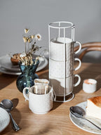 LE TAUCI Stackable Coffee Mugs Set with Stand, Ceramic Espresso Cups for Au Lait, Cappuccino,Latte,Cafe,Mocha,Tea, Suit For Housewarming Wedding- 8 oz, Set of 4,Arctic white