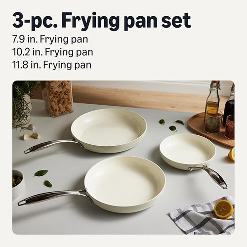 Amazon Basics Ceramic Nonstick Cookware, 3-Piece Frying Pan Set, All Cooktop Induction Compatible, Dishwasher-Safe, Oven-Safe, Ivory