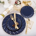 YOUBET 150PCS Blue Plastic Plates - Gold Plastic Silverware - Heavy Duty Navy Blue Disposable Plates include 50 Plates, 25 Forks, 25 Knives, 25 Spoons, 25 Napkins for Wedding Birthday Parties